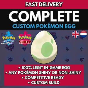 Puede incluir: Un gráfico digital que promociona un huevo Pokémon personalizado. La imagen presenta el texto "ENTREGA RÁPIDA" y "HUEVO POKÉMON PERSONALIZADO COMPLETO". Un huevo estilizado con manchas verdes está en el centro. La imagen también incluye los logotipos de Pokémon Espada y Escudo.