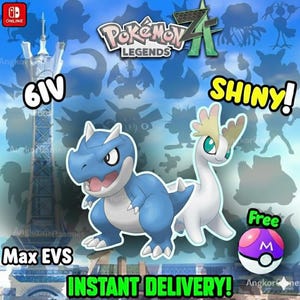 May include: A promotional image for Pokemon Legends Z featuring two shiny Pokemon, a blue dinosaur-like creature and a white and green creature. Text includes "6IV", "Shiny!", "Max EVS", and "Instant Delivery!" with a free Master Ball.