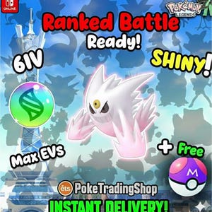 Könnte beinhalten: Werbebild für Pokémon Legends mit einem Shiny Gengar. Der Text enthält "Ranked Battle Ready!", "6IV", "Max EVS" und "+ Free". Ein Pokéball und ein Mega-Stein sind ebenfalls abgebildet. Der Text "Instant Delivery!" ist ebenfalls vorhanden.