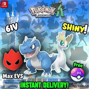 May include: A promotional image for Pokémon Legends Z featuring a blue dinosaur-like creature and a white and green creature. Text includes "6IV", "Shiny!", "Max EVS", and "Instant Delivery!" with a free Pokéball.