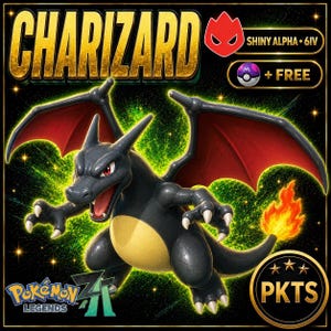 May include: A digital illustration of a black Charizard with red wings and a flaming tail against a green starry background. Text includes CHARIZARD, SHINY ALPHA 6IV, a Master Ball icon, and the Pokémon Legends Z-A logo with a PKTS badge.