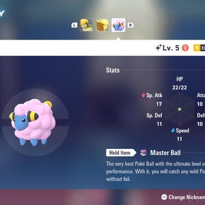 May include: A digital display showing a Mareep character from a video game. The character is a pink sheep with blue legs and a blue face. The screen displays stats, including HP, Attack, and Speed. The text "Master Ball" is also visible.