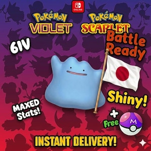 Könnte beinhalten: Werbebild für Pokémon Violet und Scarlet. Ein blauer Ditto-Charakter hält eine Flagge mit einem roten Kreis, mit dem Text "Battle Ready" und "Shiny!". Enthält auch "Maxed Stats!" und "Instant Delivery!"