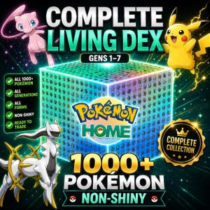 Op de afbeelding: Een digitale afbeelding met de tekst COMPLETE LIVING DEX GENS 1-7 en POKEMON HOME. De afbeelding toont een gloeiende kubus bedekt met kleine iconen, omringd door Mew, Pikachu en Arceus, met een gouden badge met COMPLETE COLLECTION.