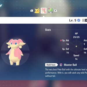 May include: A digital screen displays a summary of the Audino Pokémon, level 5. The image shows the Audino character, stats, and a Master Ball item. The Audino is pink and cream-colored.
