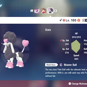 以下が含まれることがあります： ビデオゲームのキャラクター、トリミングされたプードルのような生き物であるFurfrouを示すデジタルディスプレイ。画面には、HP、攻撃、速度などのステータスが表示されます。黒い毛皮、白いアクセント、ピンク色のディテールがあります。