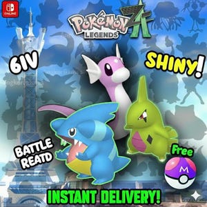 May include: Promotional image for Pokemon Legends Z featuring three animated Pokemon characters in blue, pink, and green. Text includes "6IV", "Shiny!", "Battle Read", and "Instant Delivery!" A purple and white Poke Ball is also shown.