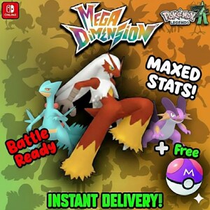 May include: A promotional image for a Pokemon game features several animated characters. The text includes "Mega Dimension", "Maxed Stats!", "Battle Ready", and "Instant Delivery!". The background is a gradient of green and orange.
