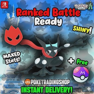May include: Promotional image for Pokemon Legends. It features a black and white character with a red scarf, a red flame icon, and a purple and white Poke Ball. Text includes "Ranked Battle Ready", "Shiny!", "Maxed Stats!", and "Instant Delivery!"