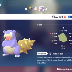 May include: A digital image of a Slowbro character from the Pokémon series. The character is purple with a yellow tail and is displayed with its stats, including HP, Attack, Defense, and Speed. The held item is a Master Ball.