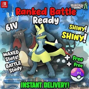 May include: A promotional image for Pokemon Legends: Arceus featuring a Lucario and other Pokemon. Text includes "Ranked Battle Ready," "Shiny!," and "Instant Delivery!" The image has a purple and pink Poke Ball with an "M" on it.