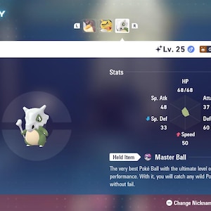 Puede incluir: Una captura de pantalla de un videojuego que muestra al personaje Cubone. El personaje es verde y blanco, con un casco de hueso. La pantalla muestra estadísticas como HP, Ataque y Defensa. El texto "Master Ball" también es visible.