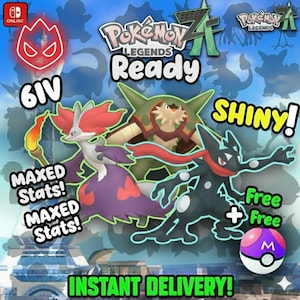 May include: A promotional image for a Pokemon Legends game, featuring several animated characters. Text includes "Ready", "Shiny!", "Maxed Stats!", and "Instant Delivery!" The background is a light blue and green landscape.