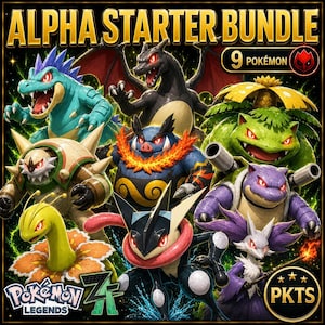 May include: A digital graphic titled ALPHA STARTER BUNDLE featuring nine illustrated creatures including a blue crocodile, black dragon, green plant-based creature, and purple turtle. The text includes 9 POKEMON, POKEMON LEGENDS, and PKTS.