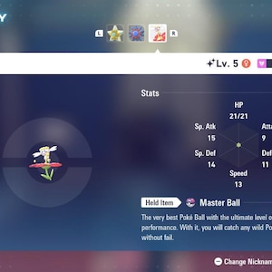 May include: A digital summary screen for a level 5 Flabébé Pokémon, displaying a Fairy type icon, a hexagonal stat chart, and a Master Ball held item. The interface includes text labels for HP, Attack, Defense, Sp. Atk, Sp. Def, and Speed statistics.