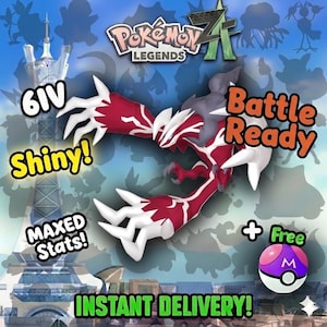 Peut inclure: Graphique numérique avec une créature rouge et blanche et le texte « Battle Ready ». Le texte supplémentaire comprend « 6IV Shiny ! » et « MAXED Stats ! » Une balle violette et blanche est également affichée. L'arrière-plan présente un paysage urbain.