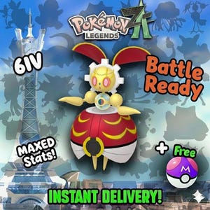 Op de afbeelding: Een digitale afbeelding met een rood, geel en wit personage uit het spel Pokémon Legends. De afbeelding bevat de tekst "Battle Ready", "Maxed Stats!" en "Instant Delivery!"