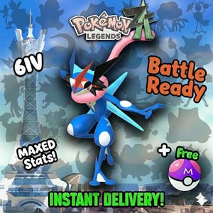 May include: A blue and white Pokemon character with red accents, posed dynamically against a blue sky background. The image includes text that says "Pokemon Legends", "Battle Ready", "Maxed Stats!", and "Instant Delivery!" A purple and white ball is also shown.
