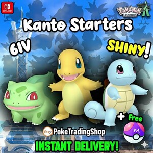 May include: Image of Pokémon Kanto starters: Bulbasaur, Charmander, and Squirtle. Text includes "Kanto Starters 6IV Shiny!" and "Instant Delivery!" with a Poké Ball. The Etsy shop name "PokeTradingShop" is also visible.