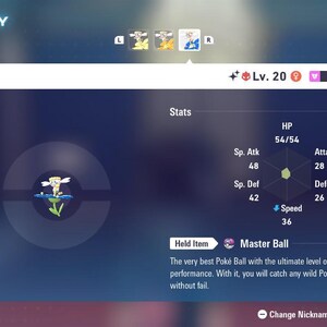 May include: A digital summary screen for a level 20 Fairy-type Flabébé Pokémon. The display shows stats including 54 HP, 28 Attack, 26 Defense, 48 Special Attack, 42 Special Defense, and 36 Speed. The Pokémon is holding a Master Ball item.
