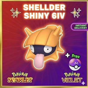 Puede incluir: Gráfico digital con un personaje de dibujos animados con caparazón amarillo, ojos negros y lengua rosa. El texto dice "SHELLDER SHINY 6IV" y "INSTANT DELIVERY". Incluye logotipos de "Pokémon Scarlet" y "Pokémon Violet".
