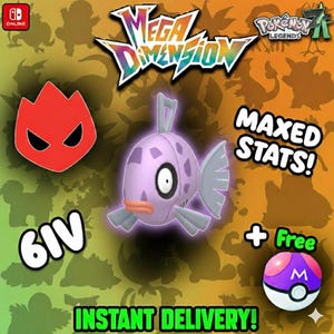 Puede incluir: Imagen promocional de un videojuego con una criatura morada con forma de pez con ojos grandes y aletas. La imagen incluye el texto "Mega Dimension", "Pokemon Legends", "Maxed Stats!" y "Instant Delivery!" junto con un emblema rojo y una bola morada y blanca.