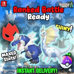 May include: A promotional image for a Pokemon game features two animated creatures, one blue and white, the other white and light yellow. Text includes "Ranked Battle Ready", "Shiny!", "Maxed Stats!", and "Instant Delivery!" A red flame and a Poke Ball are also shown.