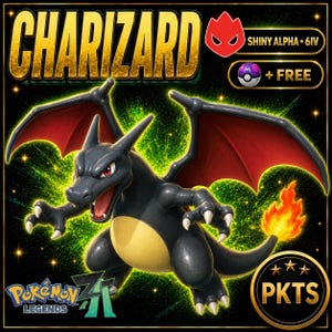 May include: A digital graphic featuring a black Charizard with red wings and a flaming tail. Text includes CHARIZARD, SHINY ALPHA 6IV, a Master Ball icon with + FREE, and the Pokémon Legends Z-A logo. A circular badge displays three stars and PKTS.
