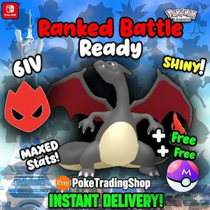 Op de afbeelding: Digitale afbeelding van een grijze Charizard met rode vleugels, met het label "Ranked Battle Ready" en "Shiny!". Tekst bevat "Maxed Stats!" en "Instant Delivery!" met een Etsy PokeTradingShop-logo.