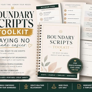 May include: A spiral-bound Boundary Scripts Toolkit with a cream cover featuring dark green text and leaf illustrations. The toolkit includes worksheets, script examples, and a cheat sheet, with text reading "Say what you need, protect what matters."