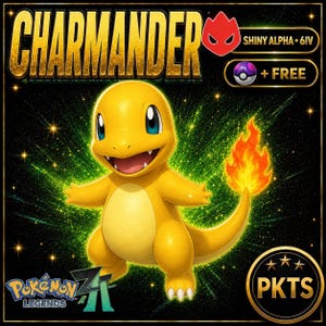 May include: A digital graphic featuring the yellow Charmander character with a flaming tail. Text reads CHARMANDER, SHINY ALPHA 6IV, + FREE, and POKEMON LEGENDS Z-A. A Master Ball icon and a red flame emblem are included on a black background.