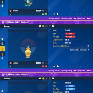 May include: Three Pokémon status summaries are displayed against a blue background. Treecko, a green and blue lizard-like creature, Torchic, a yellow chick-like creature, and Mudkip, a purple salamander-like creature, are shown.