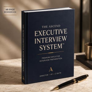 Peut inclure: Un cahier de 48 pages bleu foncé intitulé The Ascend Executive Interview System avec des lettres dorées sur la couverture. Le texte inclut Premium Executive Interview Preparation, Director, VP, C-Suite et un logo. Un stylo noir est posé à côté.