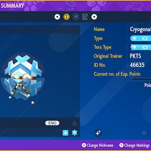 May include: A digital display showing a Cryogonal Pokémon with a blue and white crystalline design. The screen displays the Pokémon's name, level, type, and experience points. The background is a dark blue with a purple header.