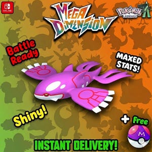 May include: A vibrant image featuring a purple Kyogre-like creature with white accents, set against a gradient background. Text includes "Mega Dimension," "Pokemon Legends," and phrases like "Battle Ready," "Maxed Stats," and "Shiny!" A free Poke Ball is also shown.