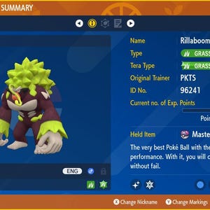 Puede incluir: Imagen digital de un resumen de estado de Pokémon. Presenta a Rillaboom, un Pokémon de tipo Planta, en tonos verdes y marrones. La imagen muestra el nivel, los puntos de experiencia y el objeto equipado, la Master Ball.