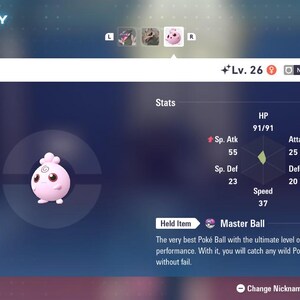 May include: A screen capture of a video game summary for the character Igglybuff. The character is a pink, round creature with a swirl on its forehead. The screen displays the character's stats, including HP, Attack, and Defense. The held item is a Master Ball.