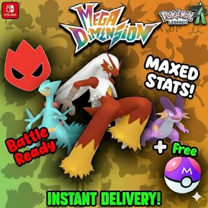 May include: A promotional image for a video game featuring various Pokémon characters. The image includes the text "Mega Dimension," "Maxed Stats!," "Battle Ready," and "Instant Delivery!" Several Pokémon are shown, along with a Poké Ball.