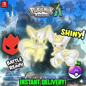 May include: A promotional image for Pokemon Legends Z-A featuring two stylized fox-like creatures, one yellow and one white, with the word "SHINY!" in yellow. The image also includes the text "BATTLE READY" and "INSTANT DELIVERY!"