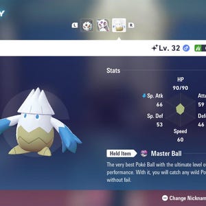 May include: A digital display showing a Pokémon named Snover, level 32, with Grass and Ice attributes. The image includes stats like HP, Attack, Defense, and Speed, along with a Master Ball item description. The background is a gradient of blue.