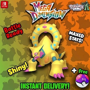 Op de afbeelding: Een promotieafbeelding voor een videogame met een geel en blauw wezen en de tekst "Mega Dimension". De afbeelding bevat de woorden "Shiny!", "Battle Ready", "Maxed Stats!" en "Instant Delivery!". Er wordt ook een gratis paarse en witte Pokéball getoond.