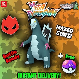 May include: A promotional image for a video game featuring a teal and white dinosaur-like creature with pink claws. The image includes the text "Mega Dimension", "Maxed Stats!", "Battle Ready", and "Instant Delivery!" A red flame icon and a purple and white ball are also present.