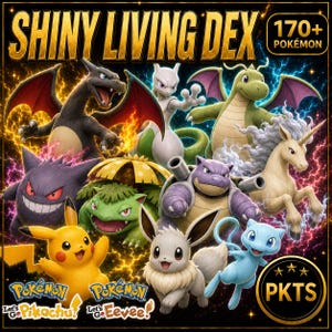 Komplett Pokémon Lets Go, Pikachu, Eevee, Living Dex, Alla Alolan Forms, Mega Evolutions, 170+ Pokémon, Lås upp den Glänsande Charm