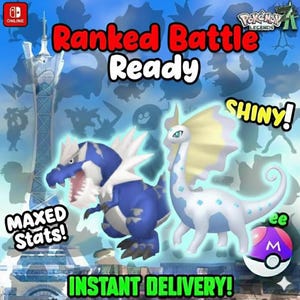 May include: A promotional image for a Pokemon game features two animated creatures, one blue and white, the other white and blue. Text includes "Ranked Battle Ready", "Shiny!", "Maxed Stats!", and "Instant Delivery!" A Poke Ball is also shown.