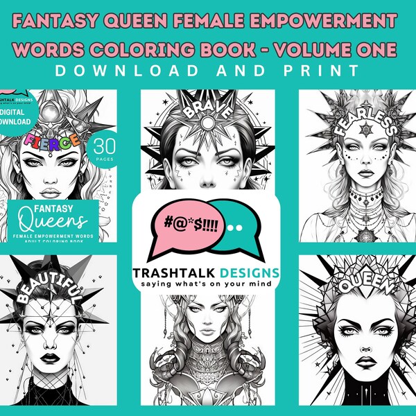 Fantasy Queen Female Empowerment Coloring Pages, Female Coloring Book, Positivity Words, Printable Adult Coloring Pages, Adult Color Therapy