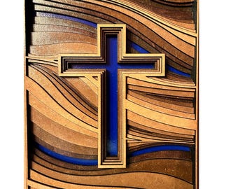 Strength in Every Layer – Vertical Layered Wooden Cross Wall Decor With Blue Highlight in 2 sizes