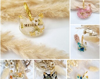 Médaille chat pour collier pour chat en résine et fleurs naturelles personnalisée