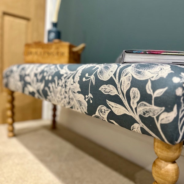 Upholstered bench, hallway or end of bed bench in “Olivia” indigo  fabric with Bobbin legs
