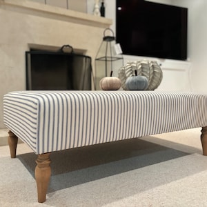 Upholstered coffee table footstool rectanglar in ticking fabric, various colours available and sizes