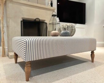 Upholstered coffee table footstool rectanglar in ticking fabric, various colours available and sizes